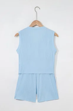 New Dear-Lover Ribbed Button V Neck Tank Top and Shorts Set Beau Blue