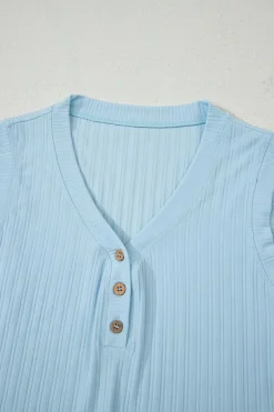 New Dear-Lover Ribbed Button V Neck Tank Top and Shorts Set Beau Blue