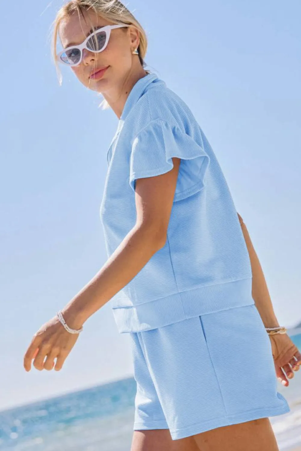 Fashion Dear-Lover Ribbed Texture Half Zip Ruffled Short Sleeve Top and Shorts Set Beau Blue