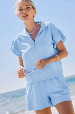 Fashion Dear-Lover Ribbed Texture Half Zip Ruffled Short Sleeve Top and Shorts Set Beau Blue