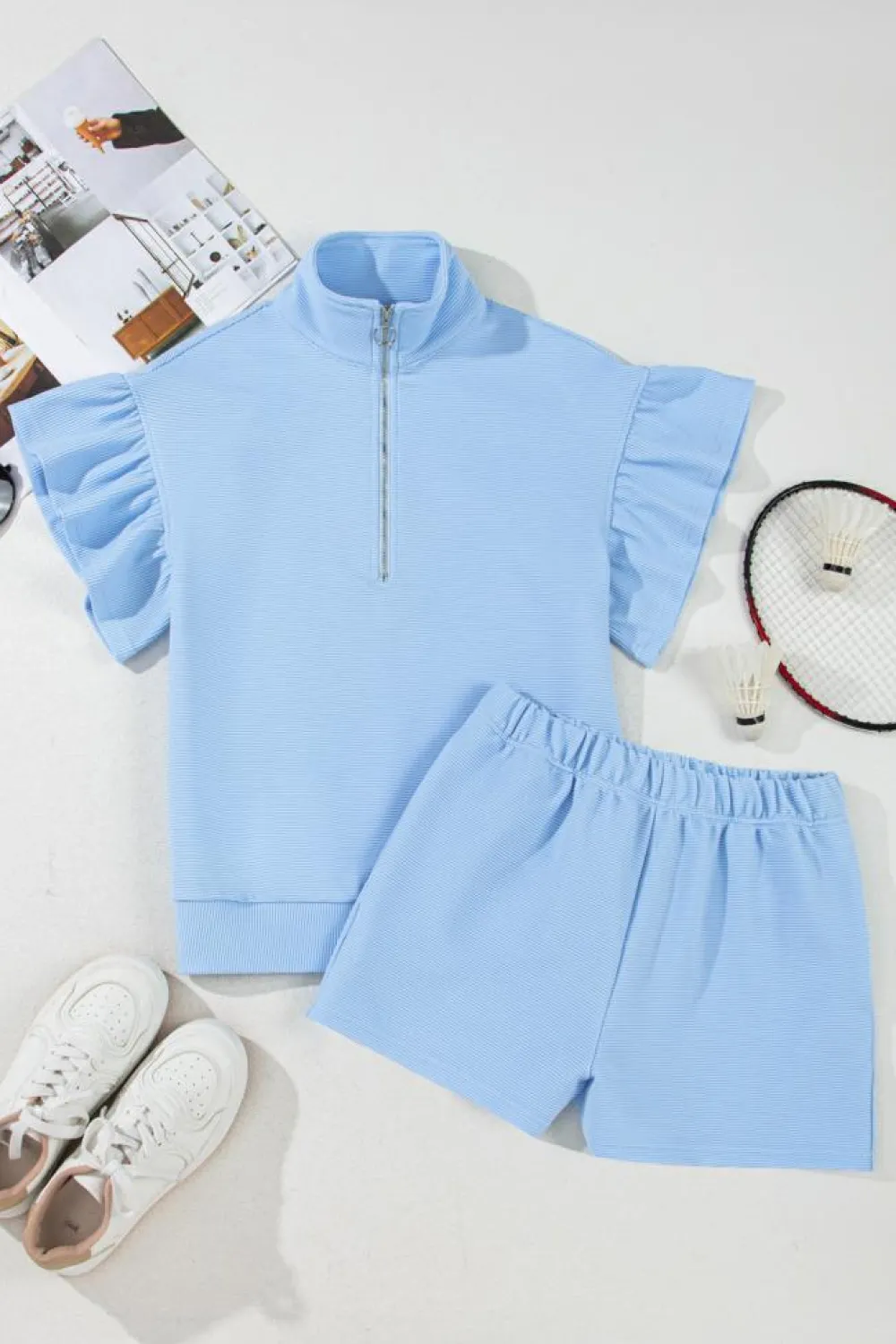 Fashion Dear-Lover Ribbed Texture Half Zip Ruffled Short Sleeve Top and Shorts Set Beau Blue