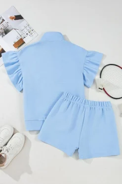 Fashion Dear-Lover Ribbed Texture Half Zip Ruffled Short Sleeve Top and Shorts Set Beau Blue