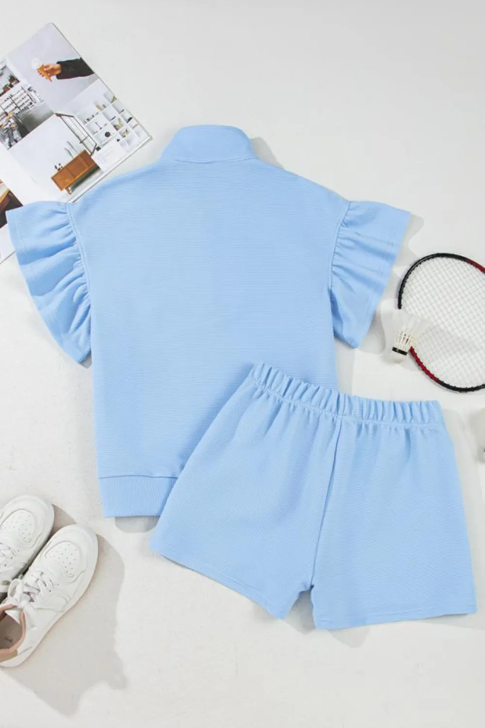 Fashion Dear-Lover Ribbed Texture Half Zip Ruffled Short Sleeve Top and Shorts Set Beau Blue