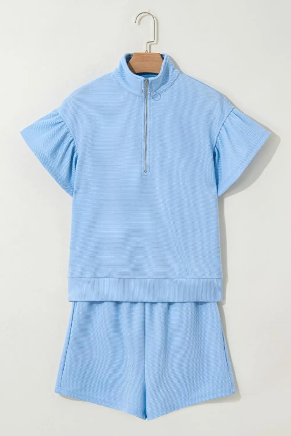 Fashion Dear-Lover Ribbed Texture Half Zip Ruffled Short Sleeve Top and Shorts Set Beau Blue