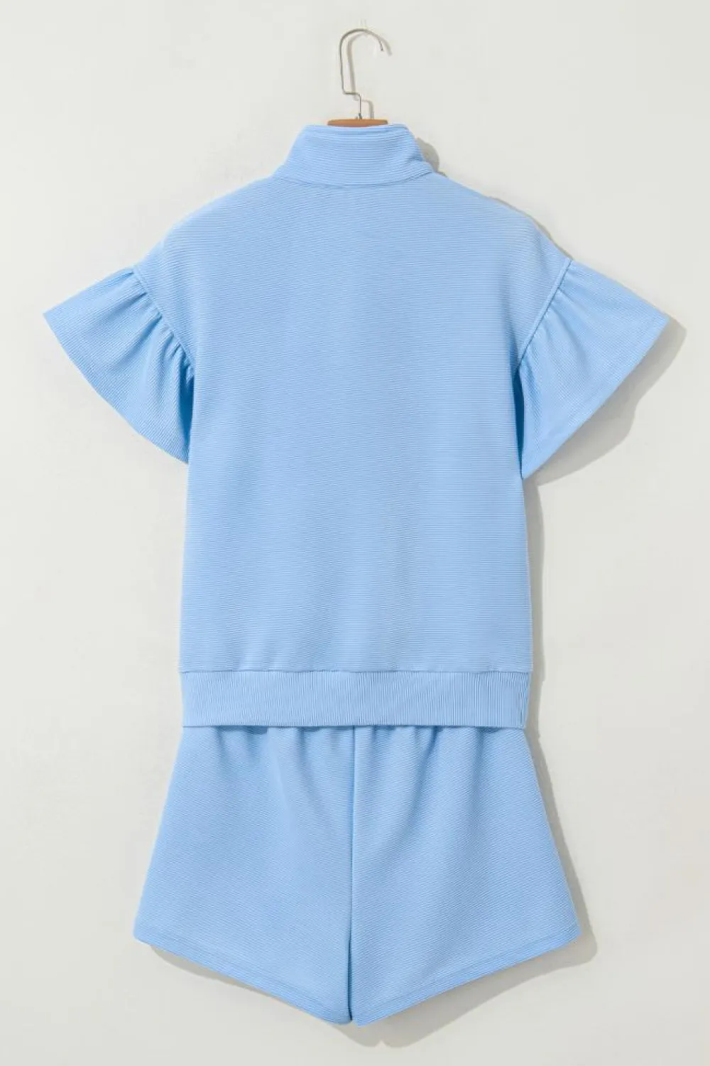 Fashion Dear-Lover Ribbed Texture Half Zip Ruffled Short Sleeve Top and Shorts Set Beau Blue