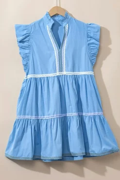Discount Dear-Lover Ric Rac Colorblock Flutter Sleeve V Neck Tiered Dress Beau Blue