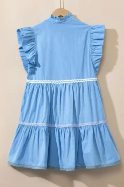 Discount Dear-Lover Ric Rac Colorblock Flutter Sleeve V Neck Tiered Dress Beau Blue