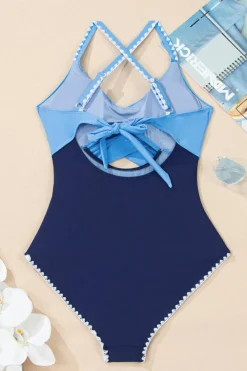 Clearance Dear-Lover Ric Rac Trim Contrasted Patchwork Cutout One Piece Swimsuit Beau Blue