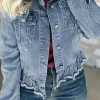 Clearance Dear-Lover Ruffle Raw Hem Flap Pockets Denim Jacket Beau Blue