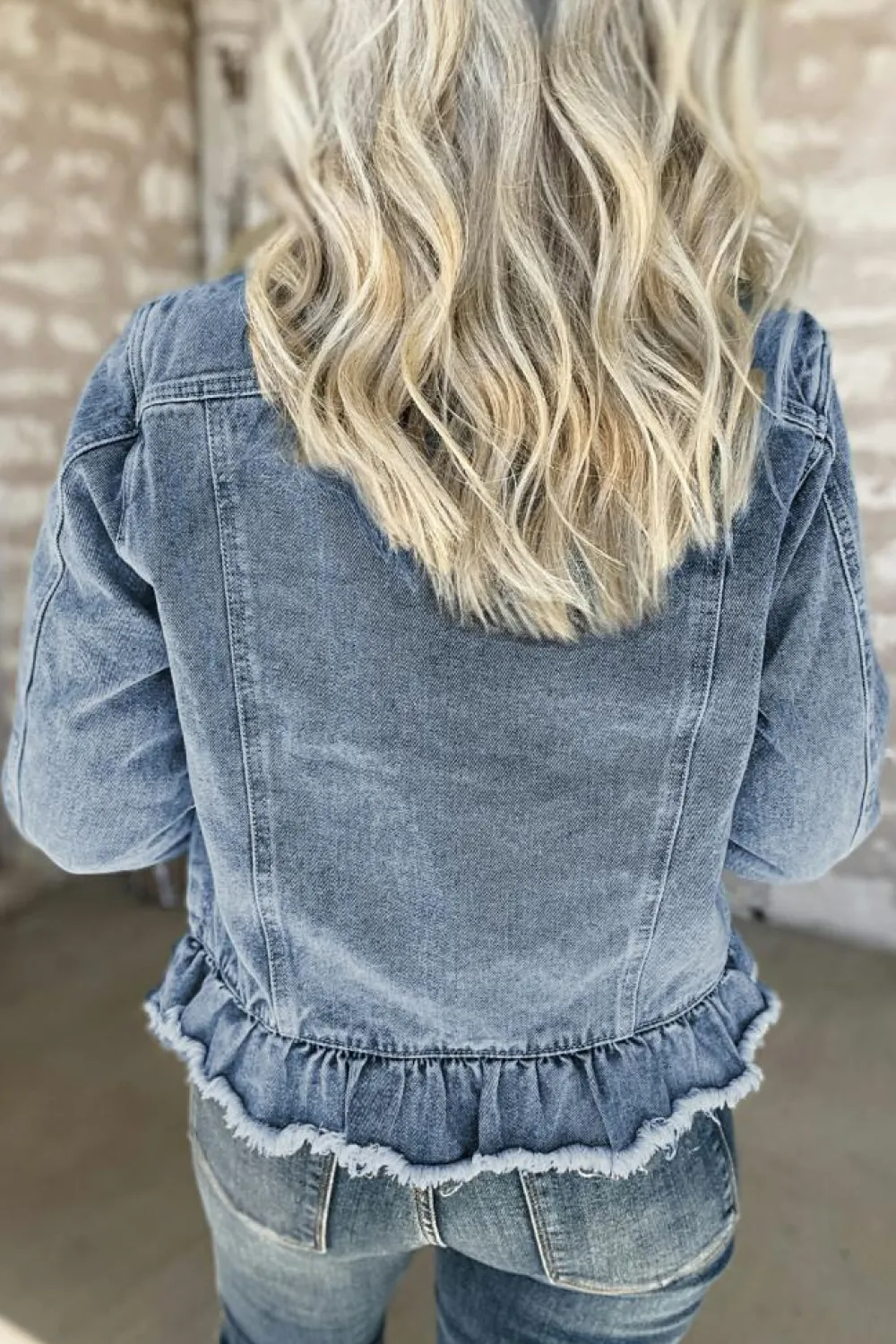 Clearance Dear-Lover Ruffle Raw Hem Flap Pockets Denim Jacket Beau Blue