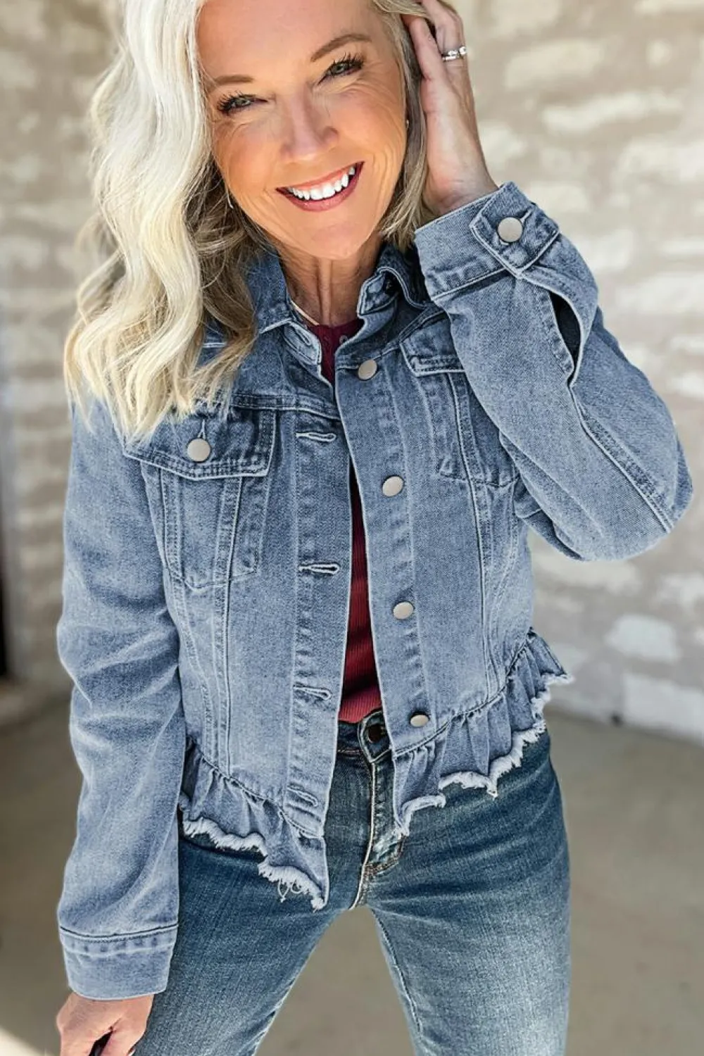 Clearance Dear-Lover Ruffle Raw Hem Flap Pockets Denim Jacket Beau Blue