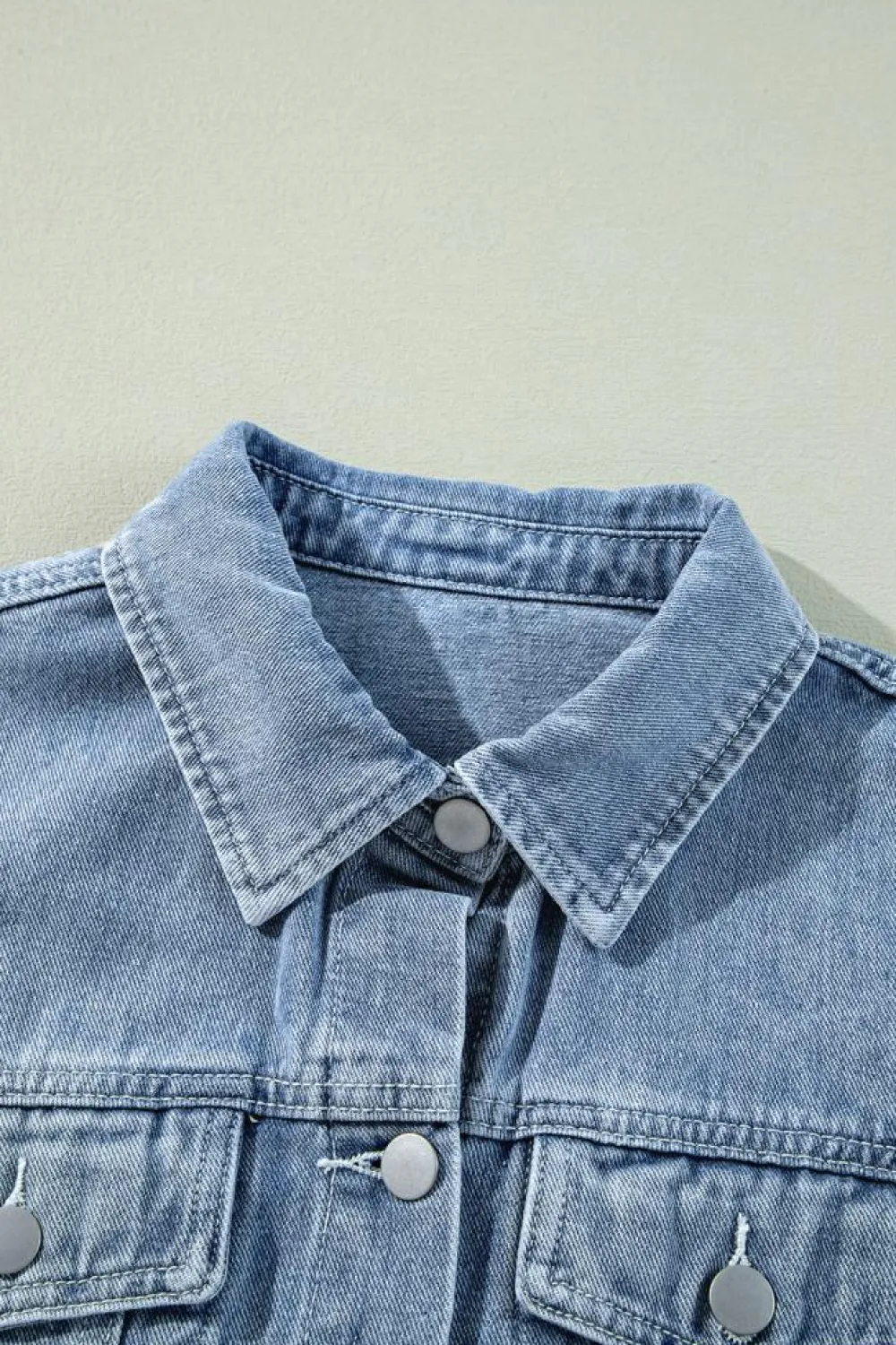 Clearance Dear-Lover Ruffle Raw Hem Flap Pockets Denim Jacket Beau Blue