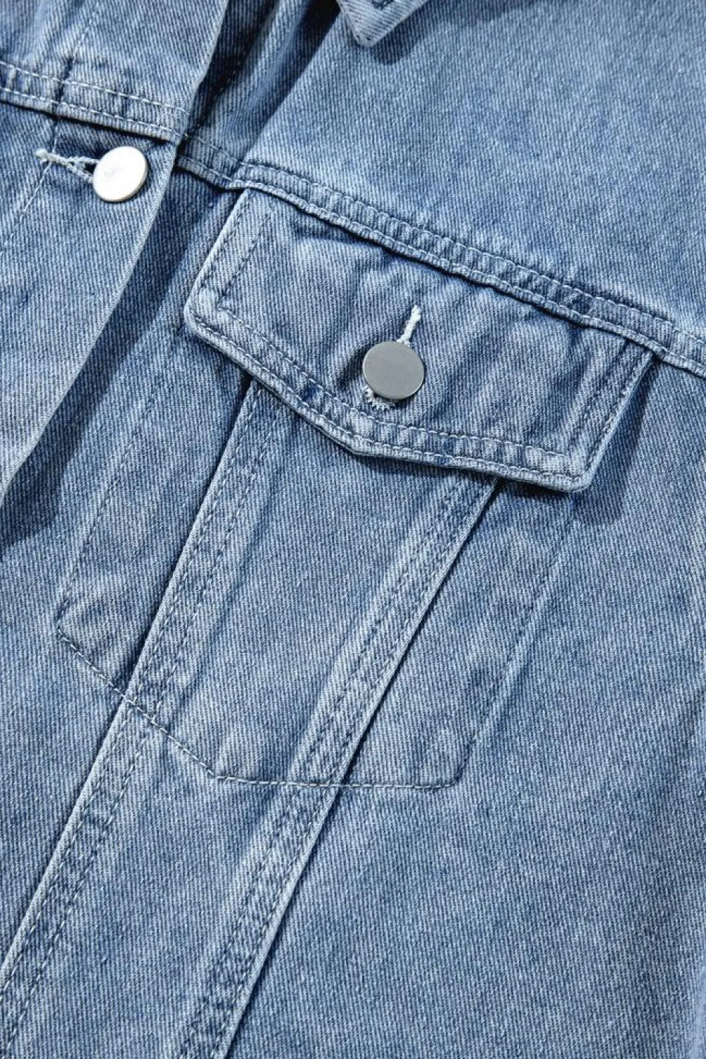 Clearance Dear-Lover Ruffle Raw Hem Flap Pockets Denim Jacket Beau Blue