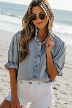 Fashion Dear-Lover Ruffle Short Puff Sleeve Summer Chambray Shirt Beau Blue