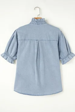 Fashion Dear-Lover Ruffle Short Puff Sleeve Summer Chambray Shirt Beau Blue