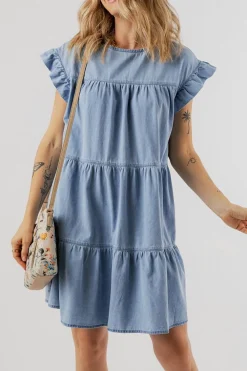 Discount Dear-Lover Ruffle Short Sleeve Tiered A-line Denim Dress Beau Blue