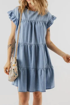 Discount Dear-Lover Ruffle Short Sleeve Tiered A-line Denim Dress Beau Blue