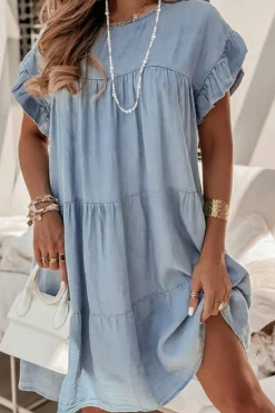 Discount Dear-Lover Ruffle Short Sleeve Tiered A-line Denim Dress Beau Blue