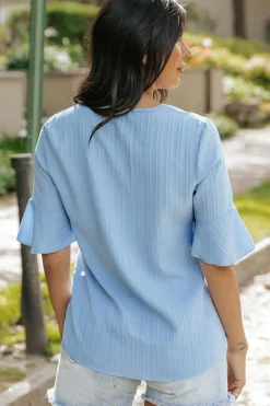 New Dear-Lover Ruffled Half Sleeve V Neck Textured Top Beau Blue