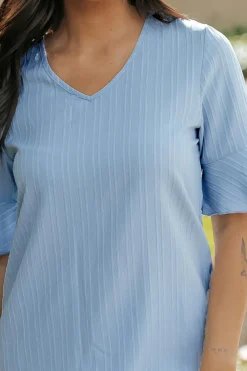 New Dear-Lover Ruffled Half Sleeve V Neck Textured Top Beau Blue