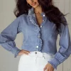 Clearance Dear-Lover Ruffled Long Sleeve Buttoned Denim Shirt Beau Blue