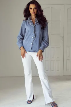 Clearance Dear-Lover Ruffled Long Sleeve Buttoned Denim Shirt Beau Blue