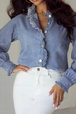 Clearance Dear-Lover Ruffled Long Sleeve Buttoned Denim Shirt Beau Blue