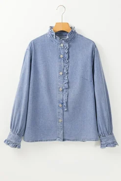 Clearance Dear-Lover Ruffled Long Sleeve Buttoned Denim Shirt Beau Blue