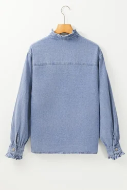Clearance Dear-Lover Ruffled Long Sleeve Buttoned Denim Shirt Beau Blue