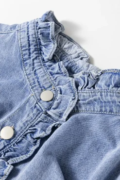 Clearance Dear-Lover Ruffled Long Sleeve Buttoned Denim Shirt Beau Blue