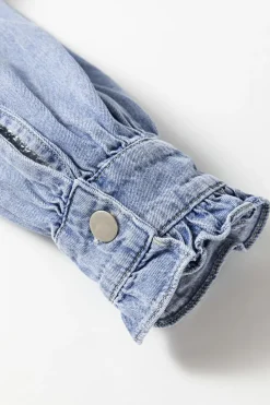 Clearance Dear-Lover Ruffled Long Sleeve Buttoned Denim Shirt Beau Blue