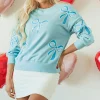 Discount Dear-Lover Sequined Bowknot Drop Shoulder Oversized Sweatshirt Beau Blue