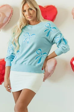Discount Dear-Lover Sequined Bowknot Drop Shoulder Oversized Sweatshirt Beau Blue