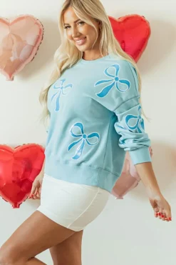 Discount Dear-Lover Sequined Bowknot Drop Shoulder Oversized Sweatshirt Beau Blue