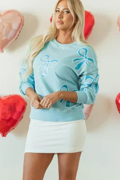 Discount Dear-Lover Sequined Bowknot Drop Shoulder Oversized Sweatshirt Beau Blue