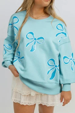 Discount Dear-Lover Sequined Bowknot Drop Shoulder Oversized Sweatshirt Beau Blue