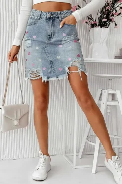 Sale Dear-Lover Shimmer Heart Pattern Distressed Denim Mini Skirt Beau Blue