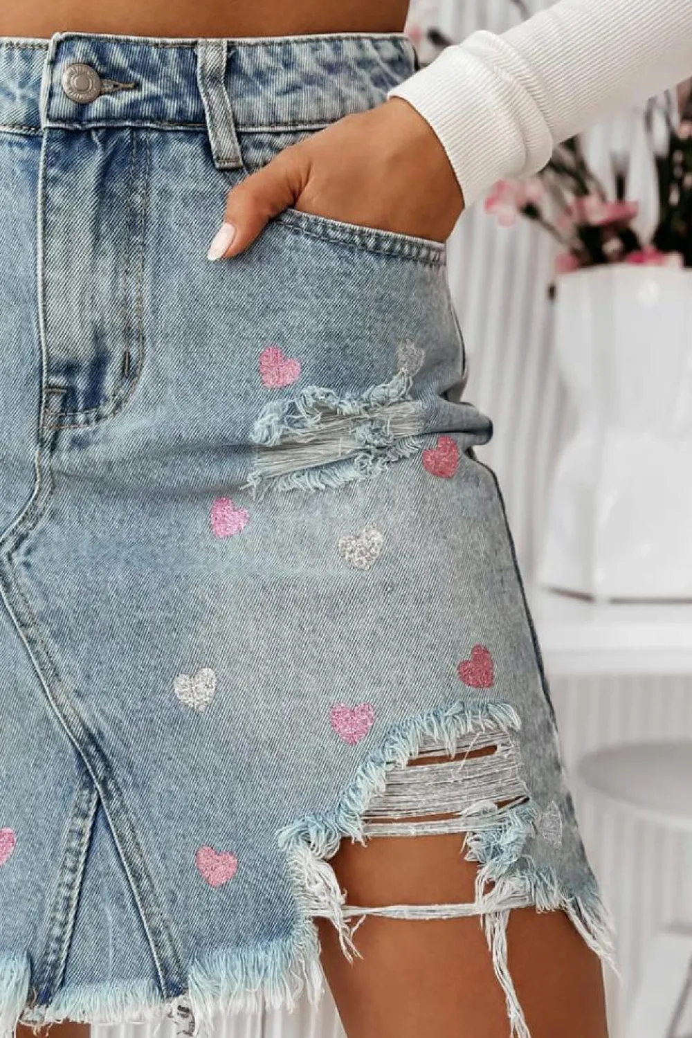 Sale Dear-Lover Shimmer Heart Pattern Distressed Denim Mini Skirt Beau Blue