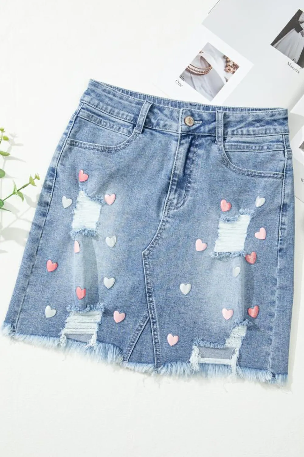 Sale Dear-Lover Shimmer Heart Pattern Distressed Denim Mini Skirt Beau Blue