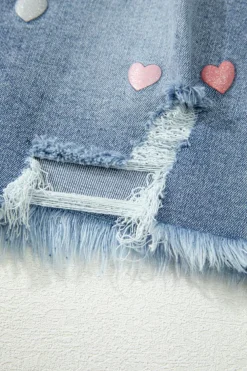 Sale Dear-Lover Shimmer Heart Pattern Distressed Denim Mini Skirt Beau Blue