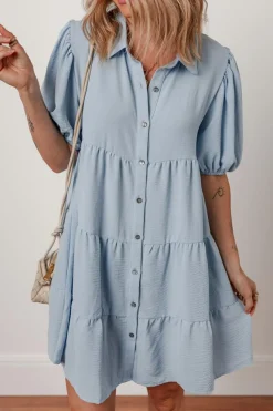 New Dear-Lover Shirt Collar Button Up Short Puff Sleeve Tiered Shift Dress Beau Blue