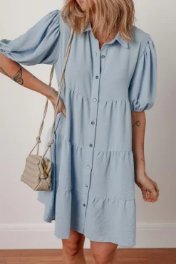 New Dear-Lover Shirt Collar Button Up Short Puff Sleeve Tiered Shift Dress Beau Blue
