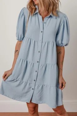 New Dear-Lover Shirt Collar Button Up Short Puff Sleeve Tiered Shift Dress Beau Blue