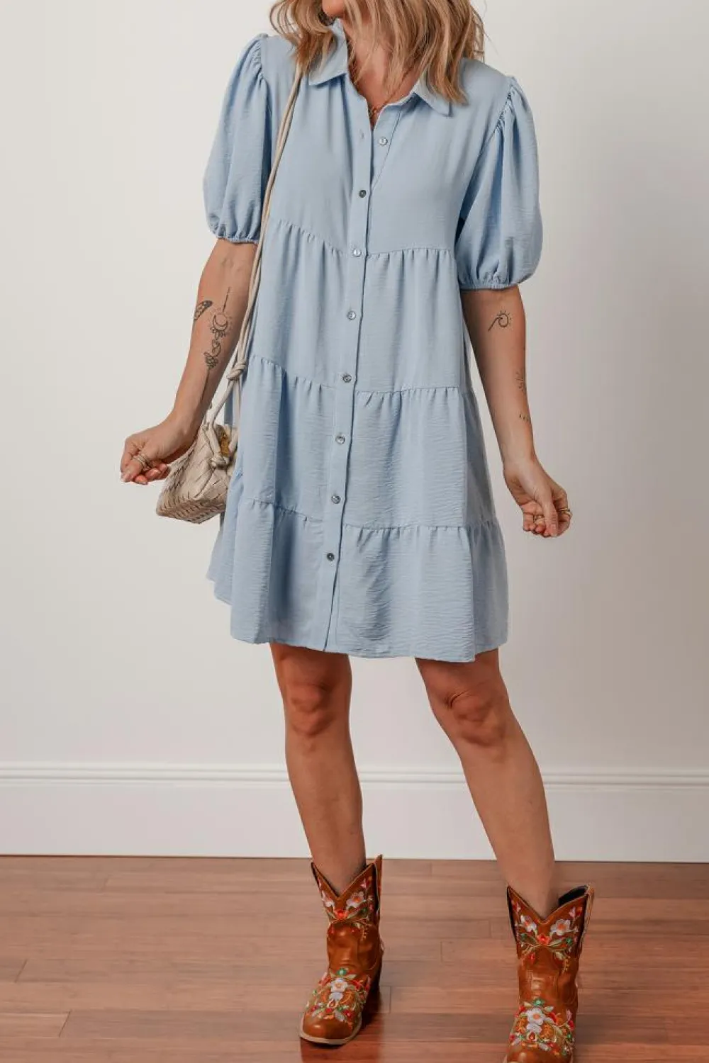 New Dear-Lover Shirt Collar Button Up Short Puff Sleeve Tiered Shift Dress Beau Blue