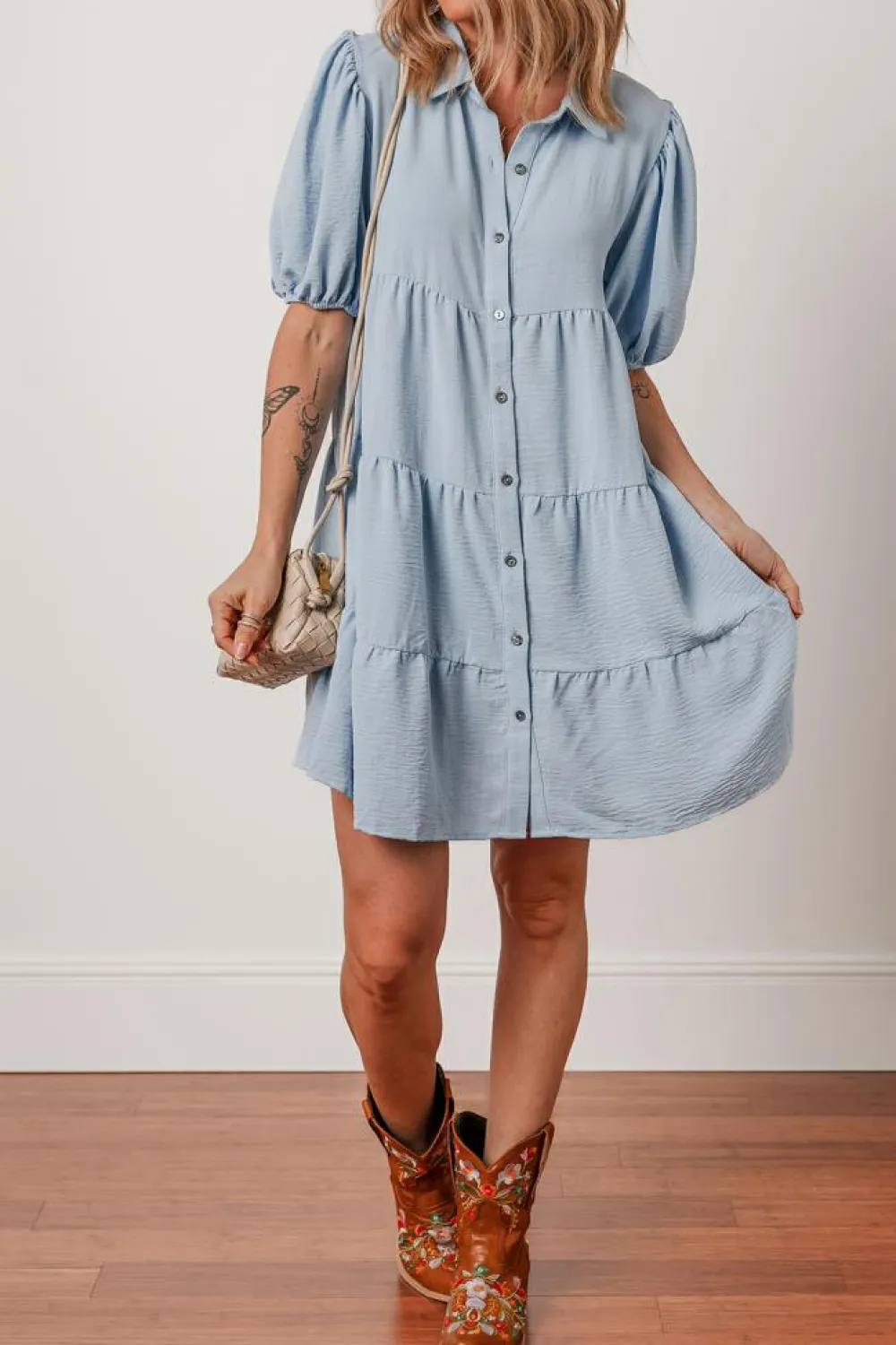 New Dear-Lover Shirt Collar Button Up Short Puff Sleeve Tiered Shift Dress Beau Blue