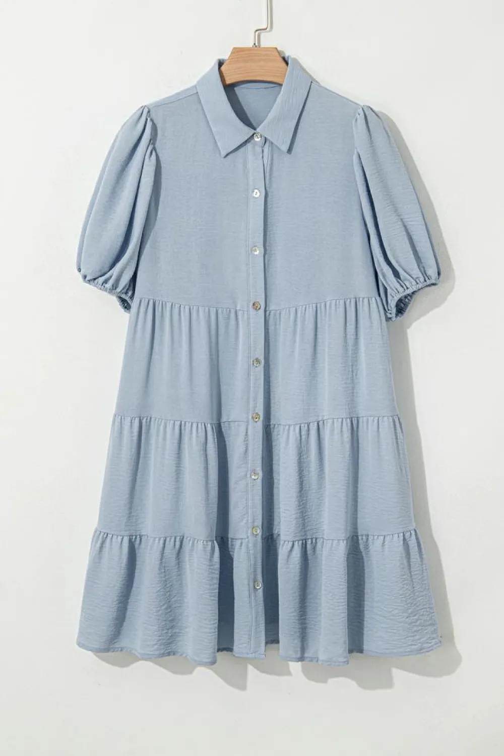New Dear-Lover Shirt Collar Button Up Short Puff Sleeve Tiered Shift Dress Beau Blue