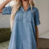 Online Dear-Lover Short Sleeve Collared Patched Pocket Denim Mini Dress Beau Blue