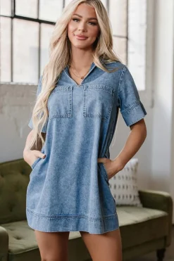 Online Dear-Lover Short Sleeve Collared Patched Pocket Denim Mini Dress Beau Blue