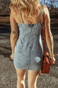 Sale Dear-Lover Sleeveless V Neck Back Zipped Denim Dress Beau Blue