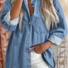 Best Dear-Lover Solid Color Oversized Patched Pocket Buttoned Shirt Beau Blue